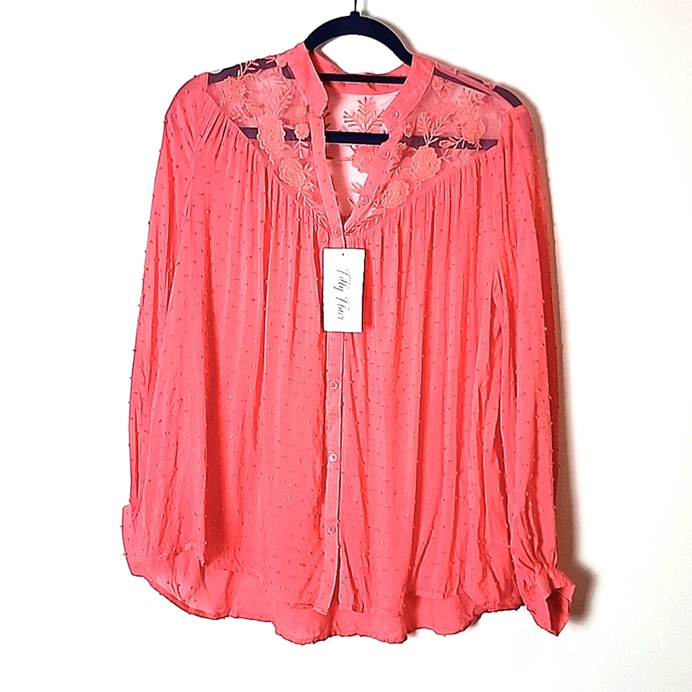 ❤️-Entro Women's Blouse Size S Long Sleeve Top Lace Trim coral Tunic button-up